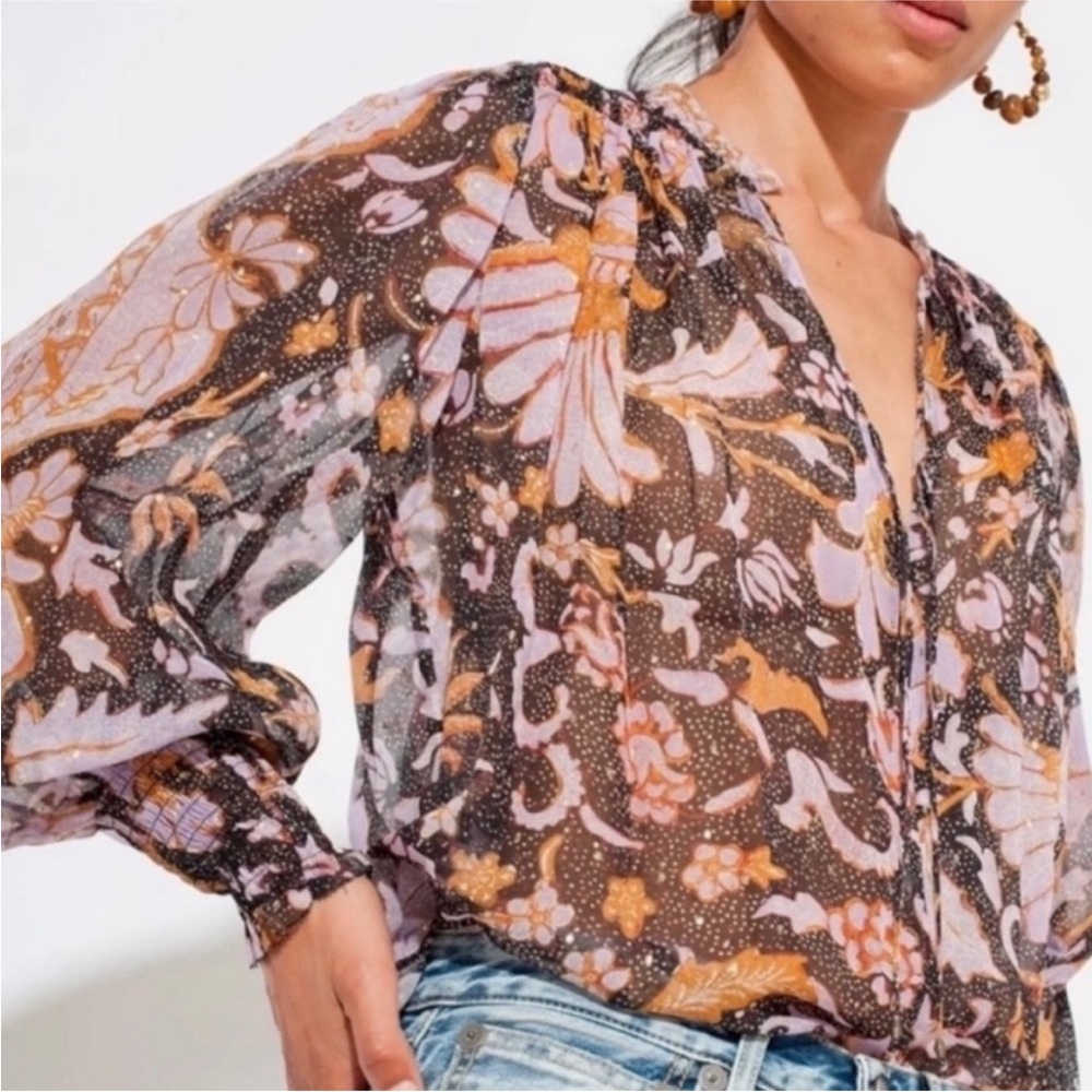 O.P.T. One Pretty Time Floral Bird Print Peasant Blouse Top Large